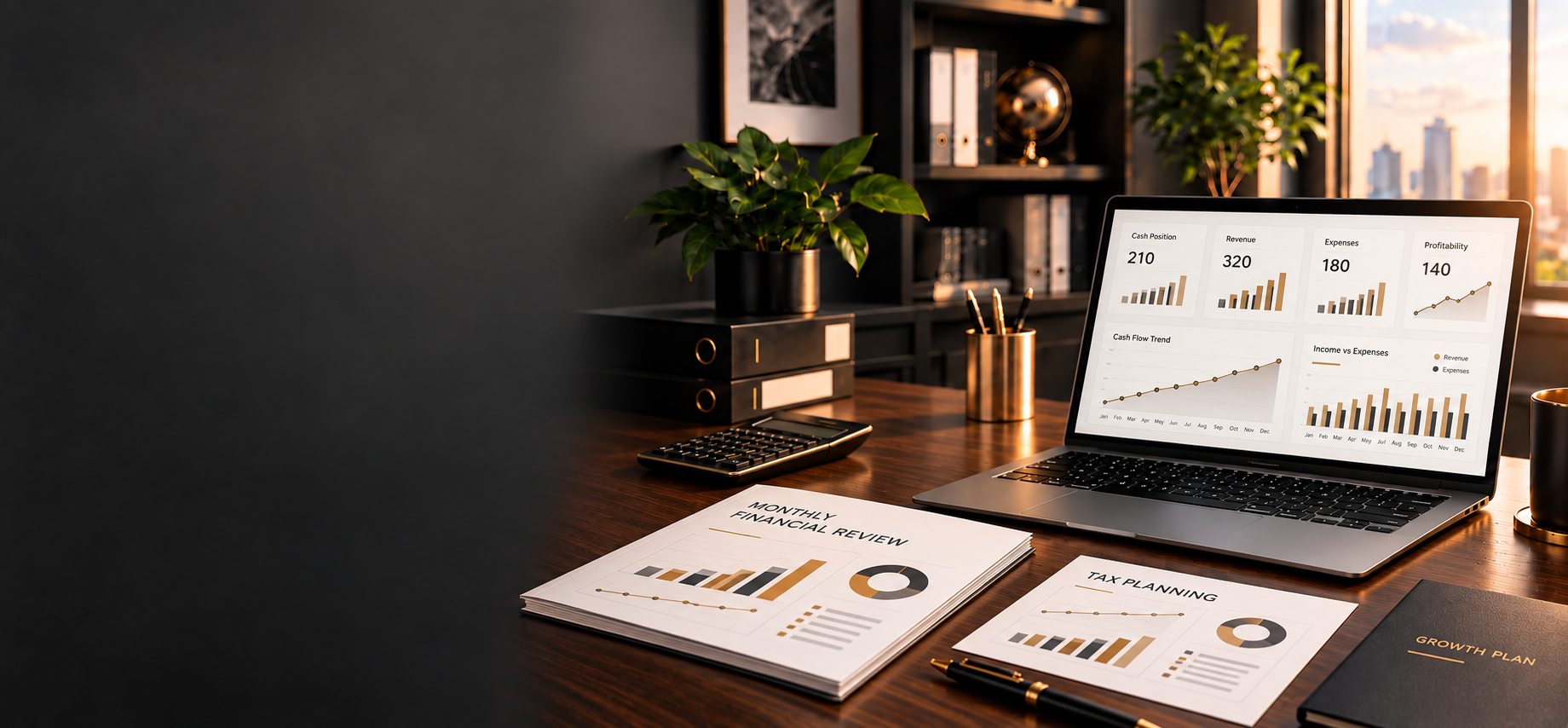 Organized financial workspace with a tax return, reports, calculator, and business performance dashboard